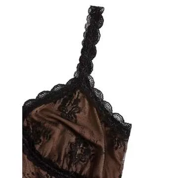 SweatyRocks Women's Lace Patchwork Spaghetti Strap Crop Cami Cute Ribbed Knit Slim Fit V Neck Camisole Tank Tops Black Brown S