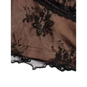 SweatyRocks Women's Lace Patchwork Spaghetti Strap Crop Cami Cute Ribbed Knit Slim Fit V Neck Camisole Tank Tops Black Brown S