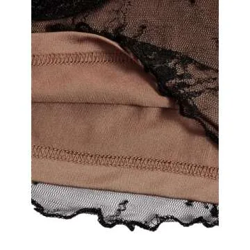 SweatyRocks Women's Lace Patchwork Spaghetti Strap Crop Cami Cute Ribbed Knit Slim Fit V Neck Camisole Tank Tops Black Brown S