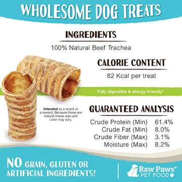 Raw Paws 3-inch Beef Trachea Dog Chews, 10 Pack - Packed in USA - Dehydrated Beef Trachea for Dogs from Free-Range, Grass-Fed Cows - Trachea Dog Treats are a Healthy Rawhide Alternative for Dogs
