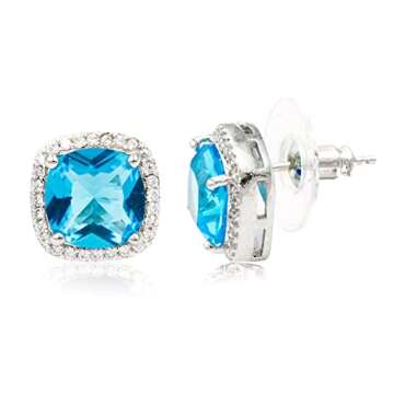 Square Princess Cut Stud Earrings Micro Paved AAA CZ Jewelry Wedding Bridal For Women (Aqua Blue)