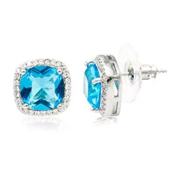 Square Princess Cut Stud Earrings Micro Paved AAA CZ Jewelry Wedding Bridal For Women (Aqua Blue)