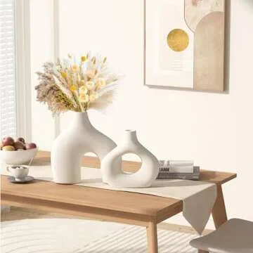 Zormon White Ceramic Vase Set of 2, Pampas Grass Vases for Home Decor, Round Matte Boho Vases for Flowers, Nordic Minimalism Style vase for Living Room Bedroom Shelf Decor