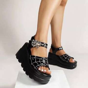 Gothniero Wedge Heel High Platform Summer Slide Sandals Goth Slippers Metal Buckles Black Strap Open Toe for Women US5.5-11