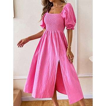Floerns Women's Off Shoulder Boho Floral Print Split Long A Line Dress Pink S