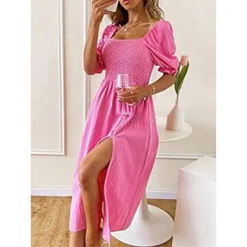 Floerns Women's Off Shoulder Boho Floral Print Split Long A Line Dress Pink S