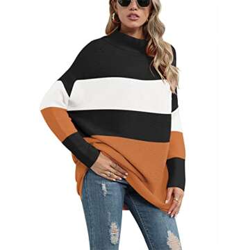 ANRABESS Women Oversized Casual Loose Turtleneck Long Sleeve Slouchy Baggy Knit Tunic Sweaters Pullover 2024 Fall Outfits Stripe Orange X-Large