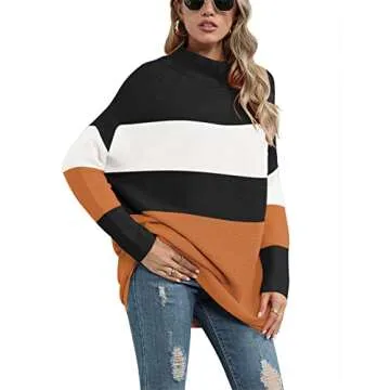 ANRABESS Women Oversized Casual Loose Turtleneck Long Sleeve Slouchy Baggy Knit Tunic Sweaters Pullover 2024 Fall Outfits Stripe Orange X-Large