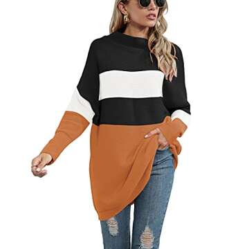 ANRABESS Women Oversized Casual Loose Turtleneck Long Sleeve Slouchy Baggy Knit Tunic Sweaters Pullover 2024 Fall Outfits Stripe Orange X-Large