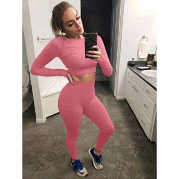 OYES OYS Women's 2 Piece Tracksuit Workout Outfits Seamless High Waist Leggings Sports Long Sleeve Gym Sets Red, Red2, Small