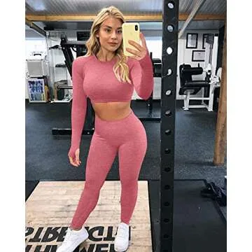 OYES OYS Women's 2 Piece Tracksuit Workout Outfits Seamless High Waist Leggings Sports Long Sleeve Gym Sets Red, Red2, Small