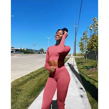 OYES OYS Women's 2 Piece Tracksuit Workout Outfits Seamless High Waist Leggings Sports Long Sleeve Gym Sets Red, Red2, Small