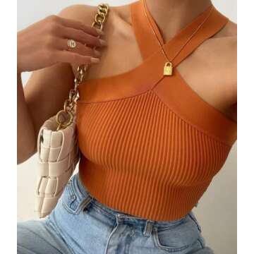 Meladyan Women Sexy Cross Halter Crop Top Tank Sleeveless Racerback Ribbed Knit Slim Solid Party Summer Cropped Vest Tops