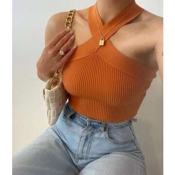 Meladyan Women Sexy Cross Halter Crop Top Tank Sleeveless Racerback Ribbed Knit Slim Solid Party Summer Cropped Vest Tops