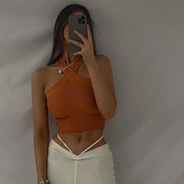 Meladyan Women Sexy Cross Halter Crop Top Tank Sleeveless Racerback Ribbed Knit Slim Solid Party Summer Cropped Vest Tops