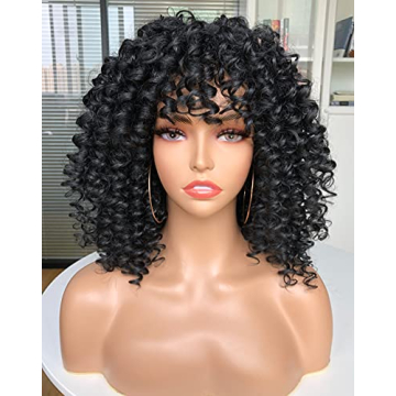 PRETTIEST Afro Short curly Wig with Bangs for Black Women Natural Looking Black Kinky Curly Wig for ...