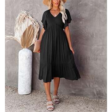 Zwurew Womens Boho Summer Dress Casual Short Sleeve Ruffle Flowy Smocked Midi Dress Maternity Dress