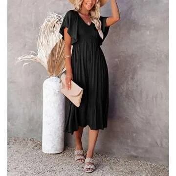 Zwurew Womens Boho Summer Dress Casual Short Sleeve Ruffle Flowy Smocked Midi Dress Maternity Dress