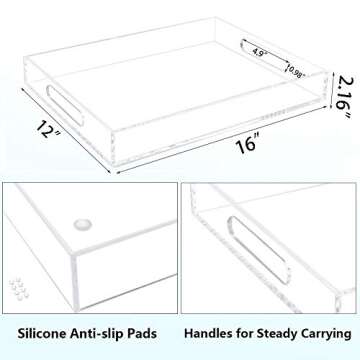 Tasybox Clear Serving Tray, Acrylic Decorative Serving Trays with Handles for Kitchen Dining Room Table Ottoman Vanity Countertop 16" x 12"