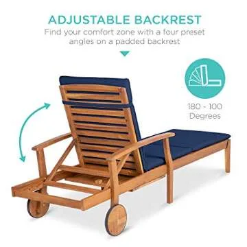 Best Choice Products 79x26in Acacia Wood Chaise Lounge Chair Recliner, Outdoor Furniture for Patio, Poolside w/Slide-Out Side Table, Foam-Padded Cushion, Adjustable Backrest, Wheels - Navy Blue