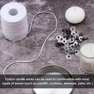 QPZ 200 ft Braided Candle Wicks 100% Cotton 21 PLY for Candle Pillars in 1 3/4" Dia, for Paraffin Wax Soy Beeswax Candle Making, Sold Separately 200 PCS Candle Wick Sustainer Tabs Metal 14mm