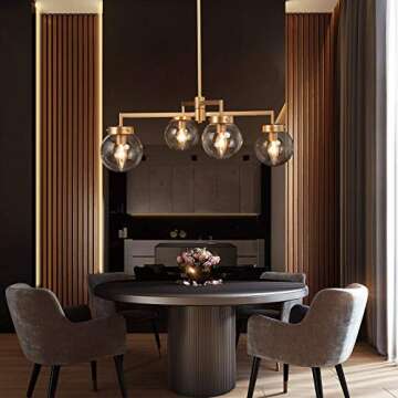 Chandeliers for Dining Rooms, Gold Globe Chandeliers, Modern Globe Pendant Lighting Fixtures with Clear Glass Shade for Living Room & Bedroom, 31.5’’ W x 8.3’’ H