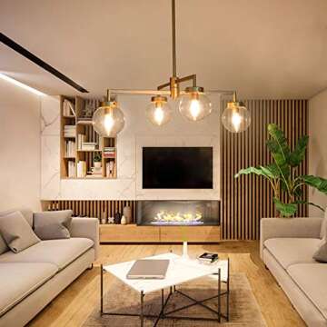 Chandeliers for Dining Rooms, Gold Globe Chandeliers, Modern Globe Pendant Lighting Fixtures with Clear Glass Shade for Living Room & Bedroom, 31.5’’ W x 8.3’’ H