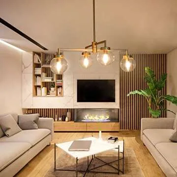 Chandeliers for Dining Rooms, Gold Globe Chandeliers, Modern Globe Pendant Lighting Fixtures with Clear Glass Shade for Living Room & Bedroom, 31.5’’ W x 8.3’’ H