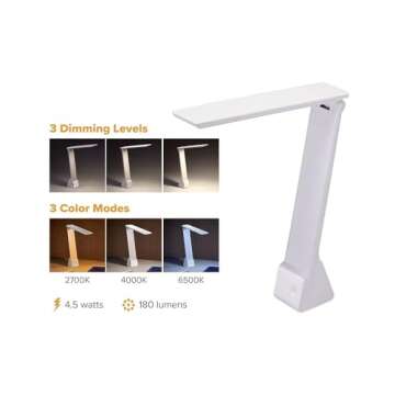Bostitch Office KT-VLED1810-WHITE Powered Rechargeable Battery LED Desk Lamp, 3 Color Temperatures, Flip Open, White