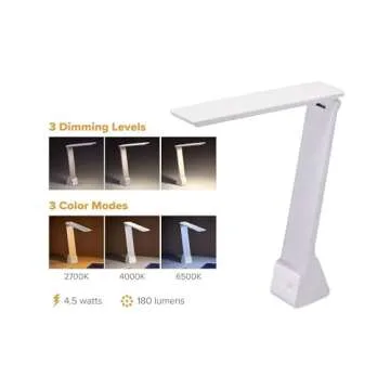 Bostitch Office KT-VLED1810-WHITE Powered Rechargeable Battery LED Desk Lamp, 3 Color Temperatures, Flip Open, White