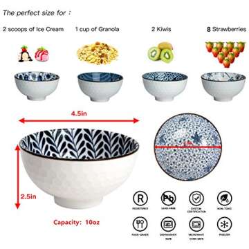 Swuut Japanese Style Ceramic Rice Bowls Set of 6 - 10 Ounces, Blue and White