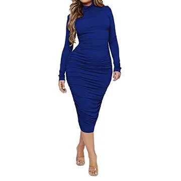Woman Turtleneck Midi Dress Sexy Ruched Bodycon Club Night Pencil Dresses Blue M