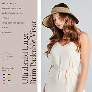 San Diego Hat Company Signature Women's Ultrabraid Large Brim Visor with Ribbon Binding & Sweatband, Sun Hats for Women, Multi/Brown