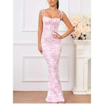 KUTUMAI Women's Summer Floral Bodycon Maxi Dress Spaghetti Strap Sleeveless Boho Long Dresses PPrint XS