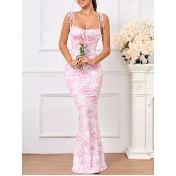 KUTUMAI Women's Summer Floral Bodycon Maxi Dress Spaghetti Strap Sleeveless Boho Long Dresses PPrint XS