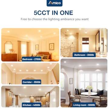 Amico 12 Pack 3 Inch 5CCT Ultra-Thin LED Recessed Ceiling Light with Junction Box, 2700K/3000K/3500K...