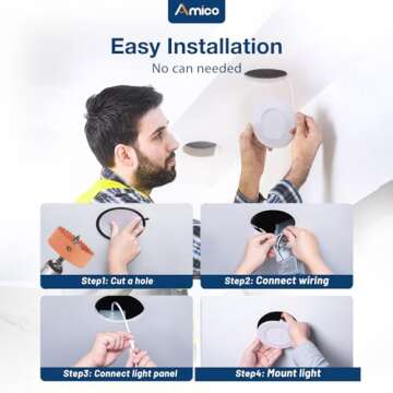 Amico 12 Pack 3 Inch 5CCT Ultra-Thin LED Recessed Ceiling Light with Junction Box, 2700K/3000K/3500K/4000K/5000K Selectable, 7W Eqv 60W, Dimmable Canless Wafer Downlight, 500LM High Brightness -ETL