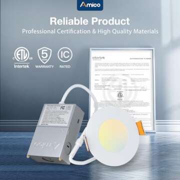 Amico 12 Pack 3 Inch 5CCT Ultra-Thin LED Recessed Ceiling Light with Junction Box, 2700K/3000K/3500K/4000K/5000K Selectable, 7W Eqv 60W, Dimmable Canless Wafer Downlight, 500LM High Brightness -ETL