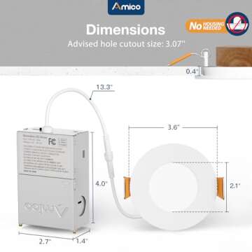 Amico 12 Pack 3 Inch 5CCT Ultra-Thin LED Recessed Ceiling Light with Junction Box, 2700K/3000K/3500K/4000K/5000K Selectable, 7W Eqv 60W, Dimmable Canless Wafer Downlight, 500LM High Brightness -ETL