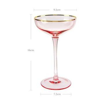 REAWOW Pink Champagne Glasses Set of 4 Champagne Coupe Glasses 5OZ Classic Cocktail Glassware Gilded Dessert Cup Creative Unique Gift