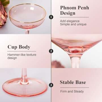 REAWOW Pink Champagne Glasses Set of 4 Champagne Coupe Glasses 5OZ Classic Cocktail Glassware Gilded Dessert Cup Creative Unique Gift