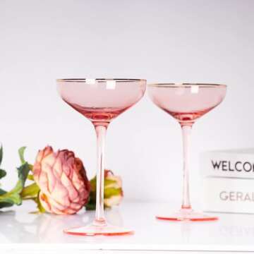REAWOW Pink Champagne Glasses Set of 4 Champagne Coupe Glasses 5OZ Classic Cocktail Glassware Gilded Dessert Cup Creative Unique Gift