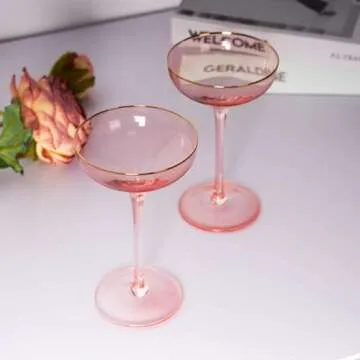 REAWOW Pink Champagne Glasses Set of 4 Champagne Coupe Glasses 5OZ Classic Cocktail Glassware Gilded Dessert Cup Creative Unique Gift