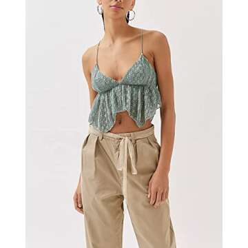 Y2k Ruffle Sheer Cami Halter Neck Crop Top Cute Tie up Backless Spaghetti Strap Tank Lace Butterfly Hem Going Out Tops