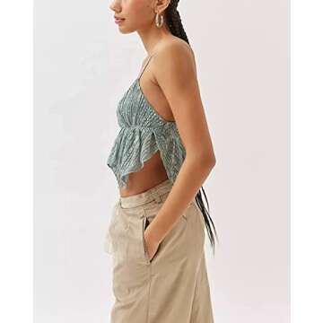 Y2k Ruffle Sheer Cami Halter Neck Crop Top Cute Tie up Backless Spaghetti Strap Tank Lace Butterfly Hem Going Out Tops