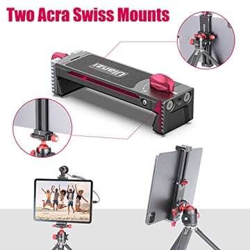 Aluminum iPad Tripod Holder Mount - U-pad III 7.9-12.9in Metal iPad Tripod Adapter w Cold Shoe 2 Acra Swiss QR Mount Adjustable Universal Tablet Clamp Video Recording for iPhone iPad Air Mini