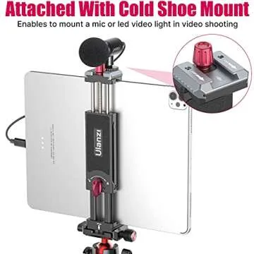 Aluminum iPad Tripod Holder Mount - U-pad III 7.9-12.9in Metal iPad Tripod Adapter w Cold Shoe 2 Acra Swiss QR Mount Adjustable Universal Tablet Clamp Video Recording for iPhone iPad Air Mini