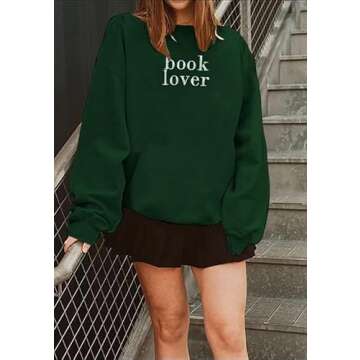 MOUSYA Book Lover Embroidered Sweatshirt Women Funny Reading Book Long Sleeve Shirt Casual Teacher Pullover Tops Green