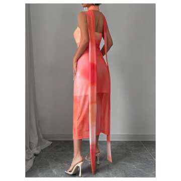 SweatyRocks Women's Ombre Sheer Mesh Tube Dress Strapless Sleeveless Midi Dresses with Neck Scarf Pink Small