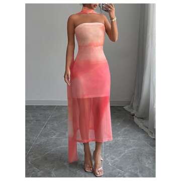 SweatyRocks Women's Ombre Sheer Mesh Tube Dress Strapless Sleeveless Midi Dresses with Neck Scarf Pink Small
